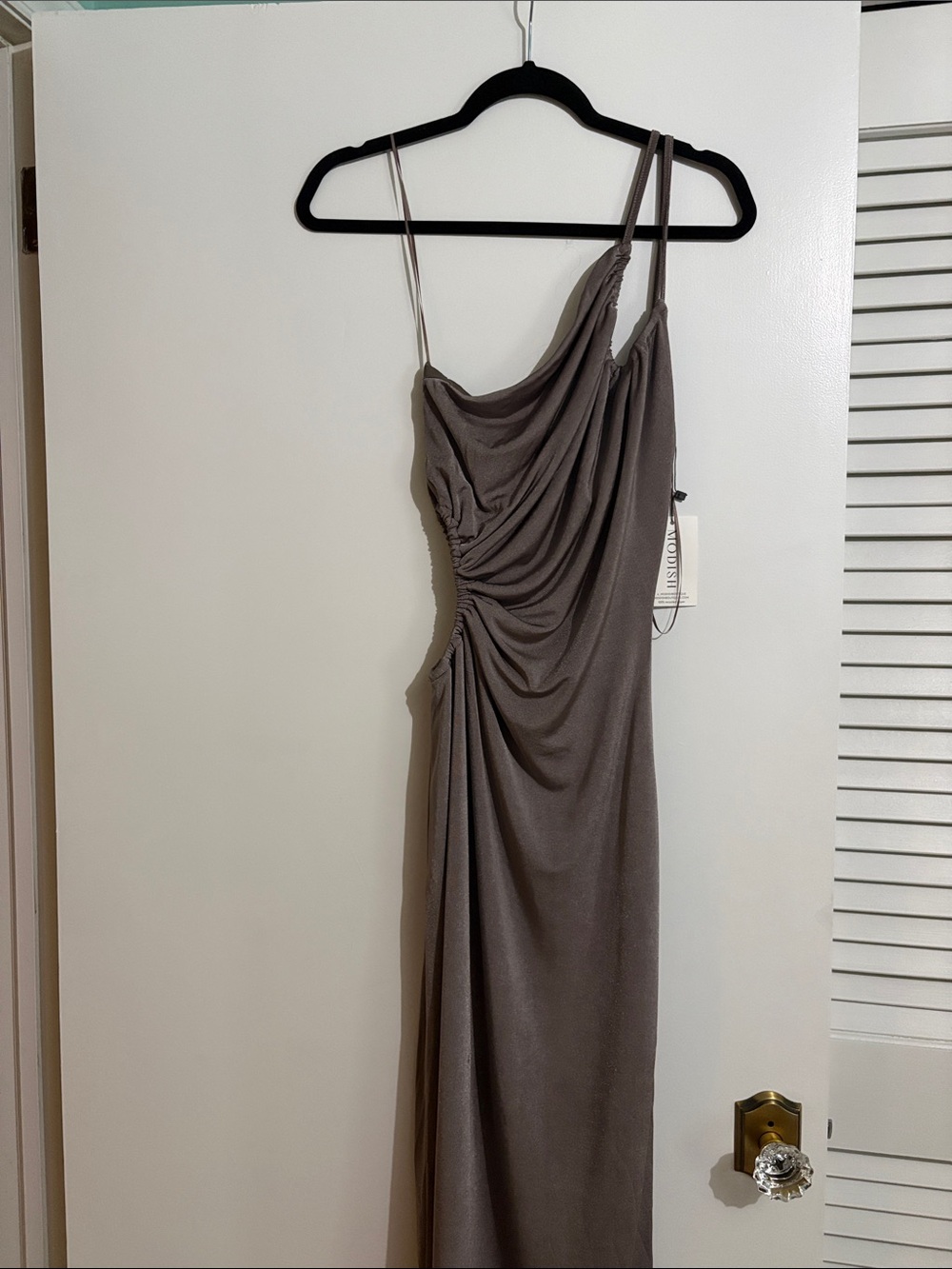 Asymmetric One-Shoulder Ruched Slip Dress in Taupe